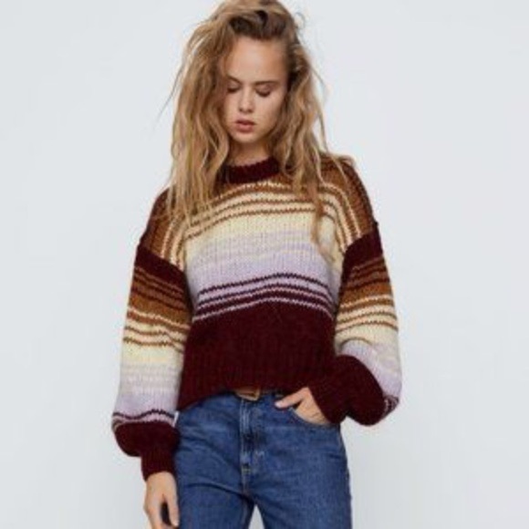 Zara Stripe Knit Sweater Balloon Sleeve Wool Alpaca Burgundy Rust Lavender Cream - Picture 11 of 11